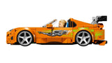 Side view of LEGO orange Toyota Supra car with grey rear wing and side graphic