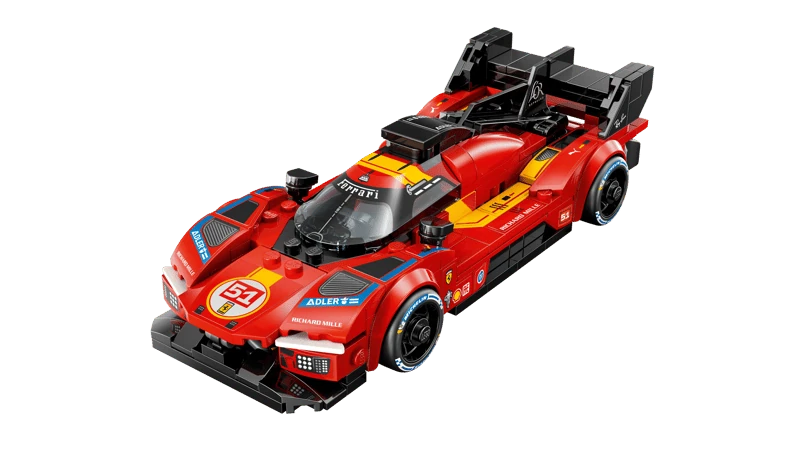 Angled view of the LEGO Ferrari 499P race car model