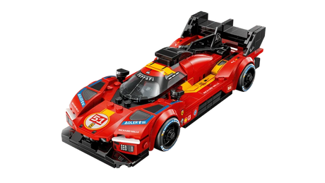 Angled view of the LEGO Ferrari 499P race car model