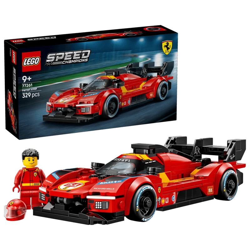 LEGO Ferrari 499P box with built race car model and Ferrari driver minifigure