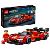 LEGO Ferrari 499P box with built race car model and Ferrari driver minifigure