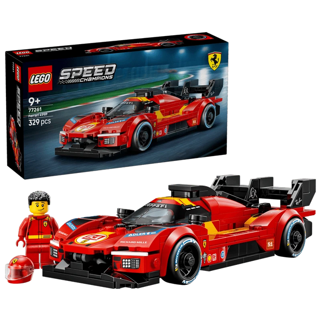 LEGO Ferrari 499P box with built race car model and Ferrari driver minifigure