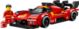 LEGO Ferrari 499P race car model with Ferrari driver minifigure and helmet