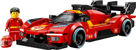 LEGO Ferrari 499P race car model with Ferrari driver minifigure and helmet