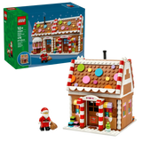 LEGO Festive Gingerbread House 40809 built model with Santa minifigure and product box