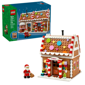 LEGO Festive Gingerbread House 40809 built model with Santa minifigure and product box