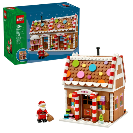 LEGO Festive Gingerbread House 40809 built model with Santa minifigure and product box