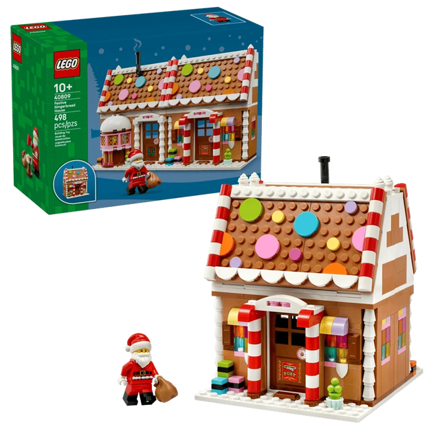 LEGO Festive Gingerbread House 40809 built model with Santa minifigure and product box