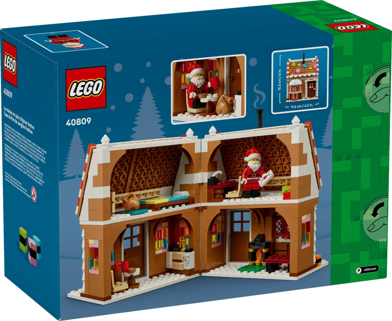 Rear of the LEGO Festive Gingerbread House 40809 box showing the open house interior and feature images