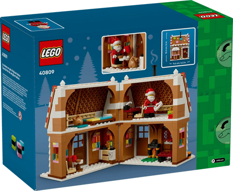 Rear of the LEGO Festive Gingerbread House 40809 box showing the open house interior and feature images