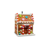 LEGO Festive Gingerbread House 40809 front entrance with candy cane columns and colourful roof decorations