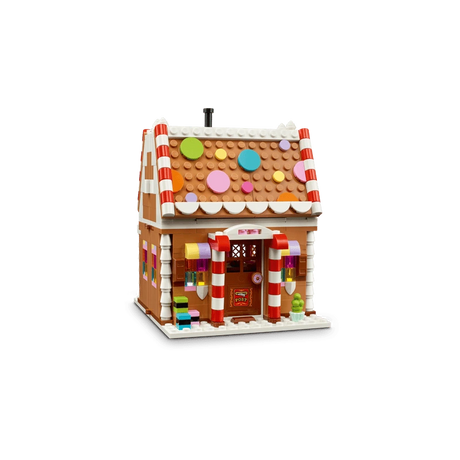 LEGO Festive Gingerbread House 40809 front entrance with candy cane columns and colourful roof decorations