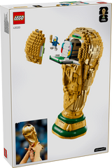 Back of the LEGO FIFA World Cup Official Trophy box showing the opened trophy with hidden scene, minifigure and a reference photo of the real trophy