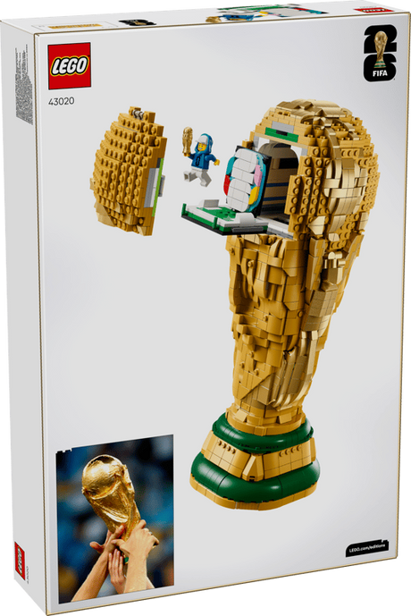 Back of the LEGO FIFA World Cup Official Trophy box showing the opened trophy with hidden scene, minifigure and a reference photo of the real trophy