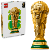 LEGO FIFA World Cup Official Trophy box beside the completed gold trophy model