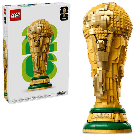 LEGO FIFA World Cup Official Trophy box beside the completed gold trophy model