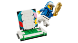 FIFA World Cup 2026 branded minifigure holding a mini gold trophy beside the removable display scene with multicolour 26 backdrop