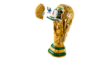 LEGO FIFA World Cup Official Trophy opened at the top to show the hidden display scene and blue minifigure above the green based trophy