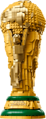 LEGO FIFA World Cup Official Trophy model front view with gold brick built trophy shape, FIFA World Cup plaque and green base