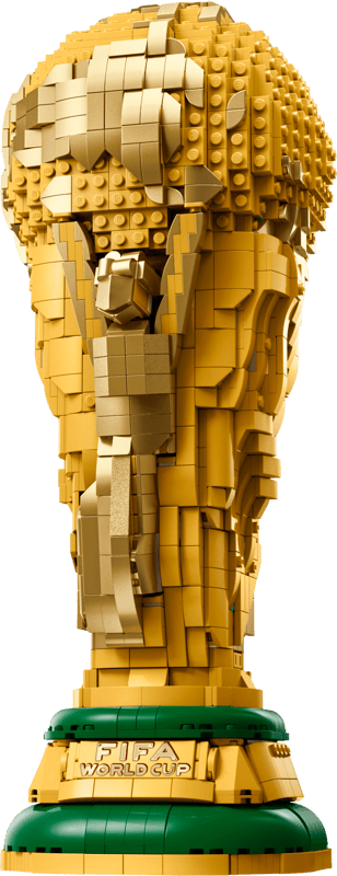 LEGO FIFA World Cup Official Trophy model front view with gold brick built trophy shape, FIFA World Cup plaque and green base