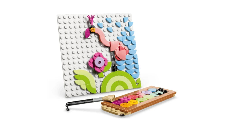 LEGO flamingo sketch build with paint palette and brush in front