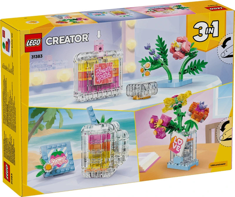 LEGO Creator 3 in 1 box showing perfume bottle, vase and smoothie jar build options