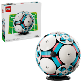LEGO Football 43019 box beside the completed football display model on a black stand