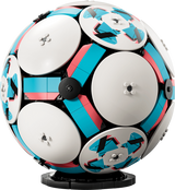 LEGO Football 43019 display ball on black stand with white panels and teal, pink and black graphic detailing