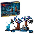 LEGO Harry Potter Forbidden Forest Expecto Patronum box beside built tree scene, blue stag figure, Dementor figures and minifigures