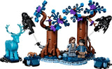 LEGO Harry Potter Forbidden Forest scene with tree builds, blue stag figure, two Dementor figures and two minifigures