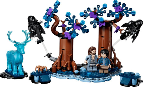 LEGO Harry Potter Forbidden Forest scene with tree builds, blue stag figure, two Dementor figures and two minifigures