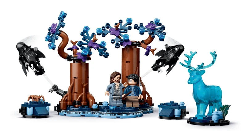 LEGO Forbidden Forest scene with tree builds, blue stag figure, two Dementor figures and two minifigures