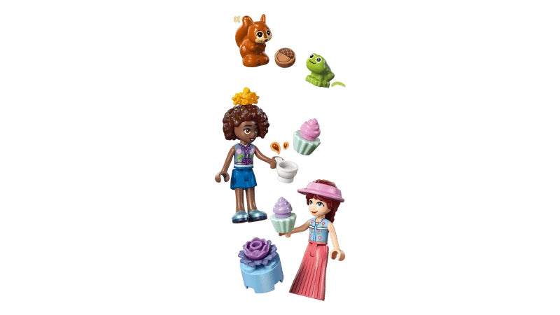 LEGO Friends tea party accessories with cups, teapot, cake, cupcakes, basket, blackberries and acorn