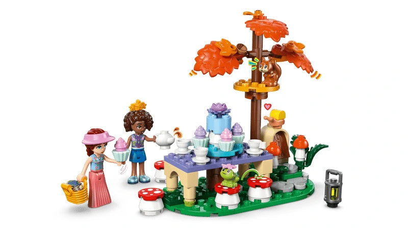 LEGO Friends woodland tea party scene with mini-dolls, squirrel, frog, snail, tree and table