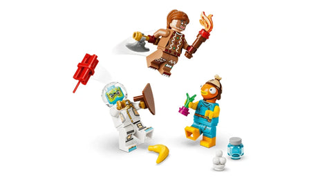 LEGO Fortnite minifigures with red, blue, yellow and brown accessory pieces