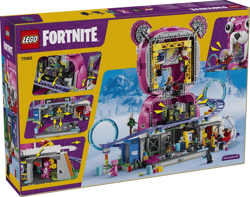 Back of LEGO Fortnite Rave Cave 77082 packaging showing the opened bear head, DJ equipment, roller coaster, interior rooms and illustrated play features.
