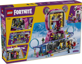 Back of LEGO Fortnite Rave Cave 77082 packaging showing the opened bear head, DJ equipment, roller coaster, interior rooms and illustrated play features.