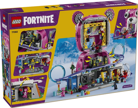Back of LEGO Fortnite Rave Cave 77082 packaging showing the opened bear head, DJ equipment, roller coaster, interior rooms and illustrated play features.