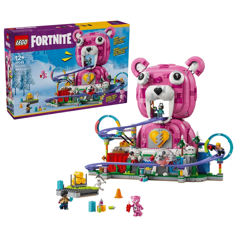LEGO Fortnite Rave Cave 77082 retail box beside the completed pink Cuddle Team Leader bear model with purple roller coaster, colourful loops and minifigures.