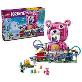 LEGO Fortnite Rave Cave 77082 retail box beside the completed pink Cuddle Team Leader bear model with purple roller coaster, colourful loops and minifigures.