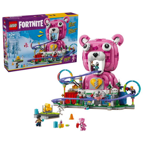 LEGO Fortnite Rave Cave 77082 retail box beside the completed pink Cuddle Team Leader bear model with purple roller coaster, colourful loops and minifigures.