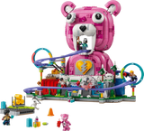LEGO Fortnite Rave Cave 77082 showing the large pink Cuddle Team Leader bear head, purple roller coaster with loops, minifigures, snow-covered mountain and accessories.