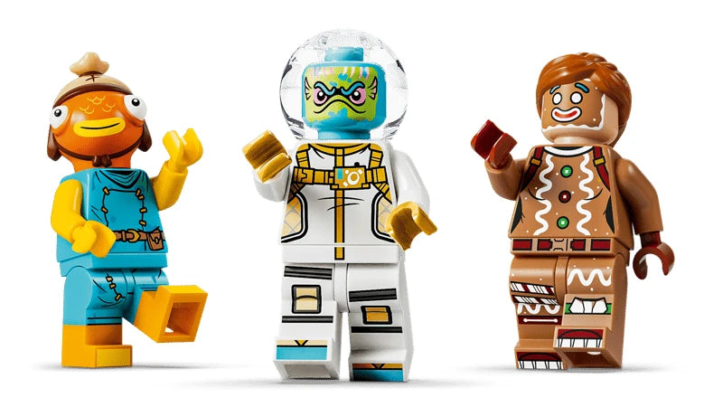 Three LEGO Fortnite minifigures in orange, white and brown outfits
