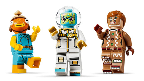 Three LEGO Fortnite minifigures in orange, white and brown outfits
