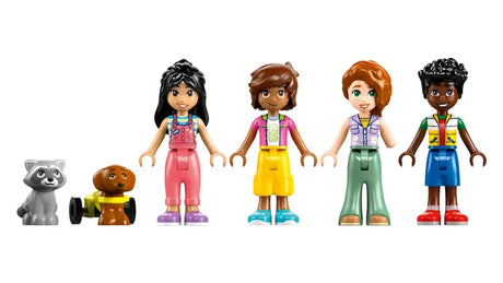 LEGO Friends 42652 minidolls Liann Autumn Leo Zac with dog Pickle and raccoon figures lined up on white background in Ireland