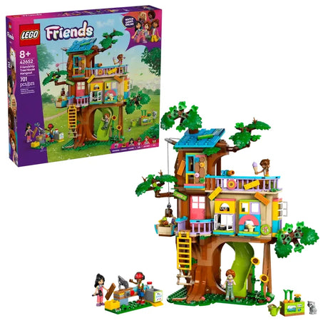 LEGO Friends 42652 Friendship Tree House Hangout set with box and completed treehouse model on white background in Ireland