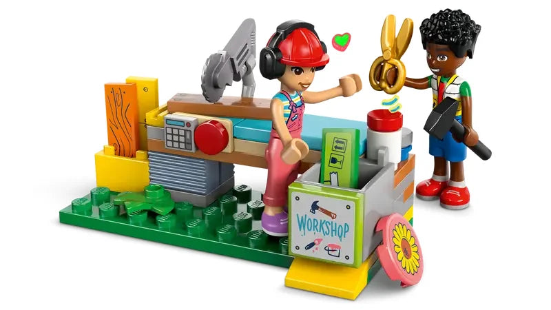 LEGO Friends 42652 workshop build scene with Liann and Zac, tools bench, and accessories on white background in Ireland