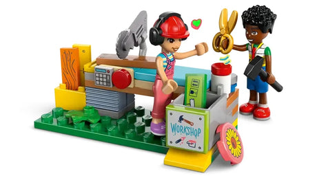 LEGO Friends 42652 workshop build scene with Liann and Zac, tools bench, and accessories on white background in Ireland