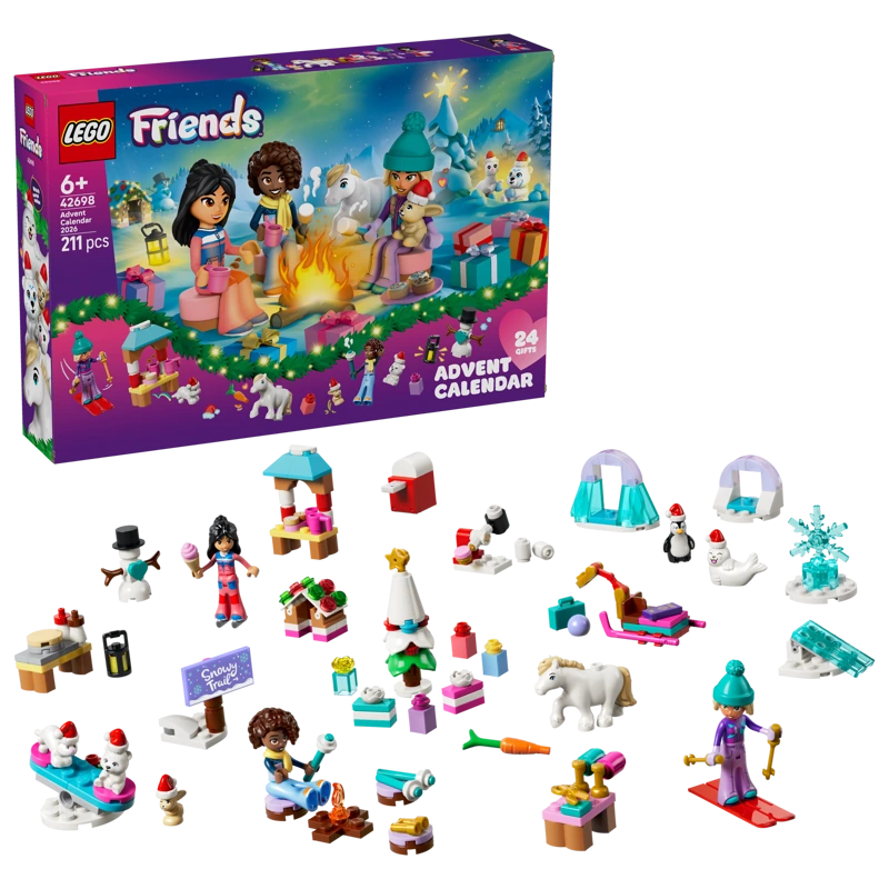 LEGO Friends Advent Calendar 2026 box with the minidolls, animals and festive builds arranged below
