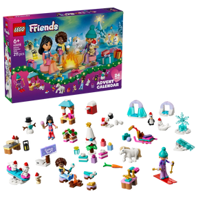LEGO Friends Advent Calendar 2026 box with the minidolls, animals and festive builds arranged below